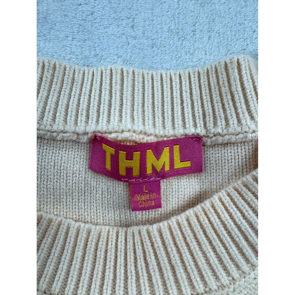 THML Knitted Sweater Women Large Beige Embroidered Crewneck Short Sleeve Classic - Picture 4 of 10